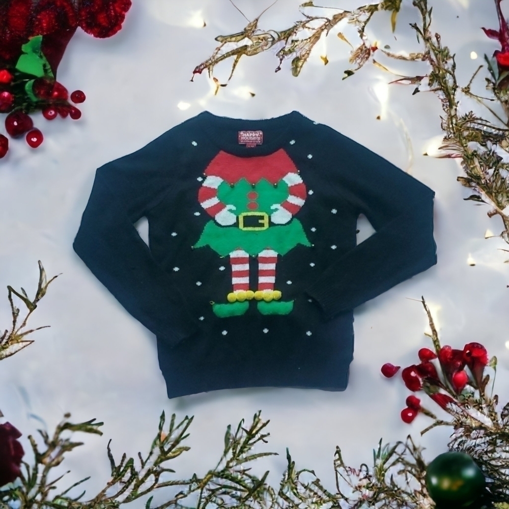Kids Ugly Christmas Sweater w/Elf and bells - Acrylic